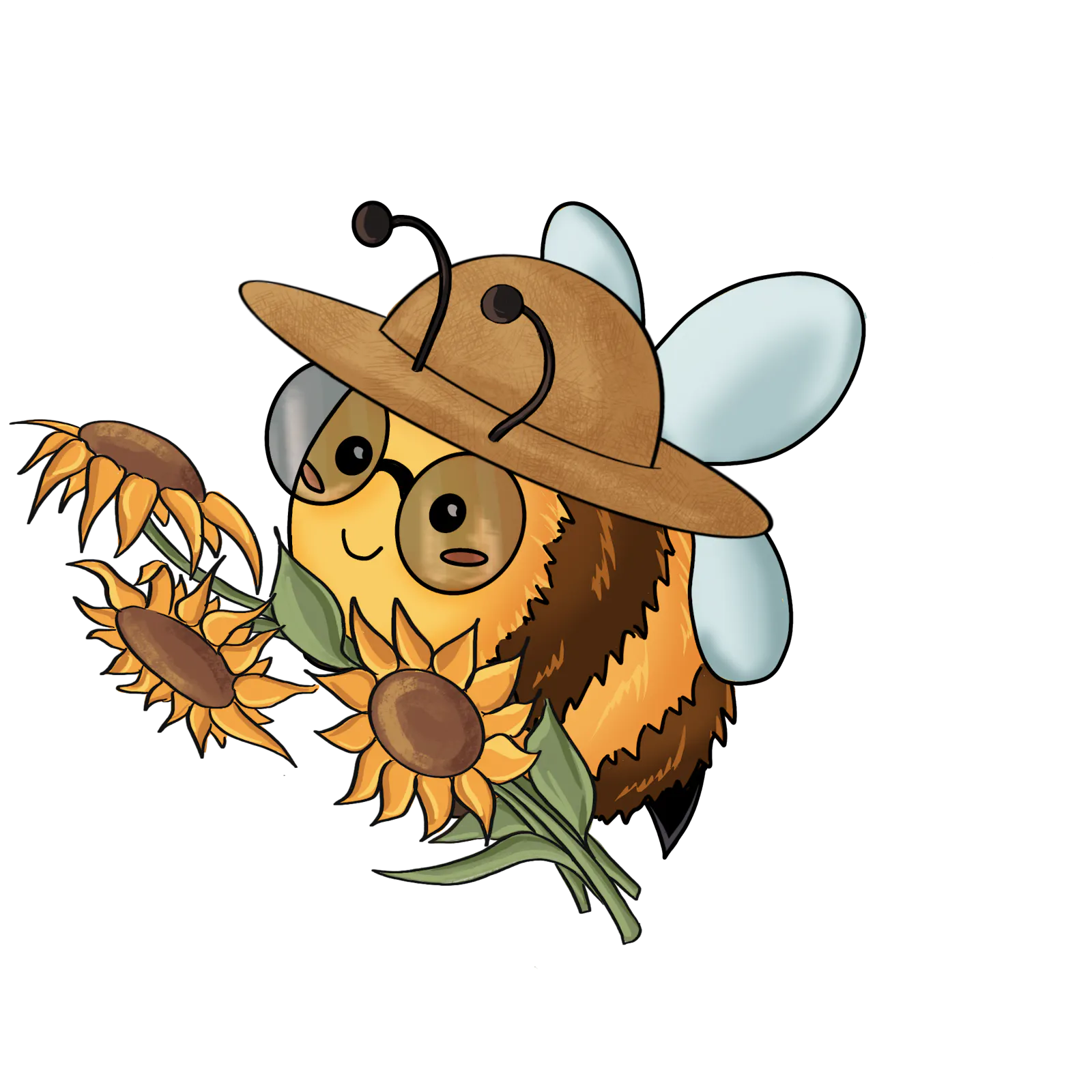 Ein Bingo-Bienchen mit Sonnenhut und Sonnenblümchen in der Hand.