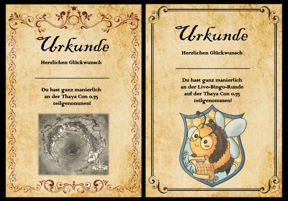 Urkunden für Teilnehmende der Thaya Con und der Live-Bingo-Runde.