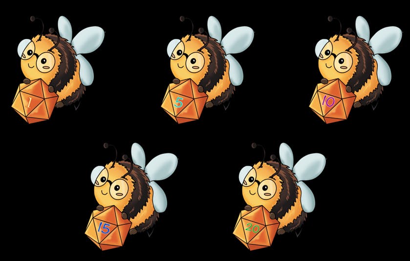 Bingo-Bienchen, die je einen orangefarbenen W20 in den Händen halten.