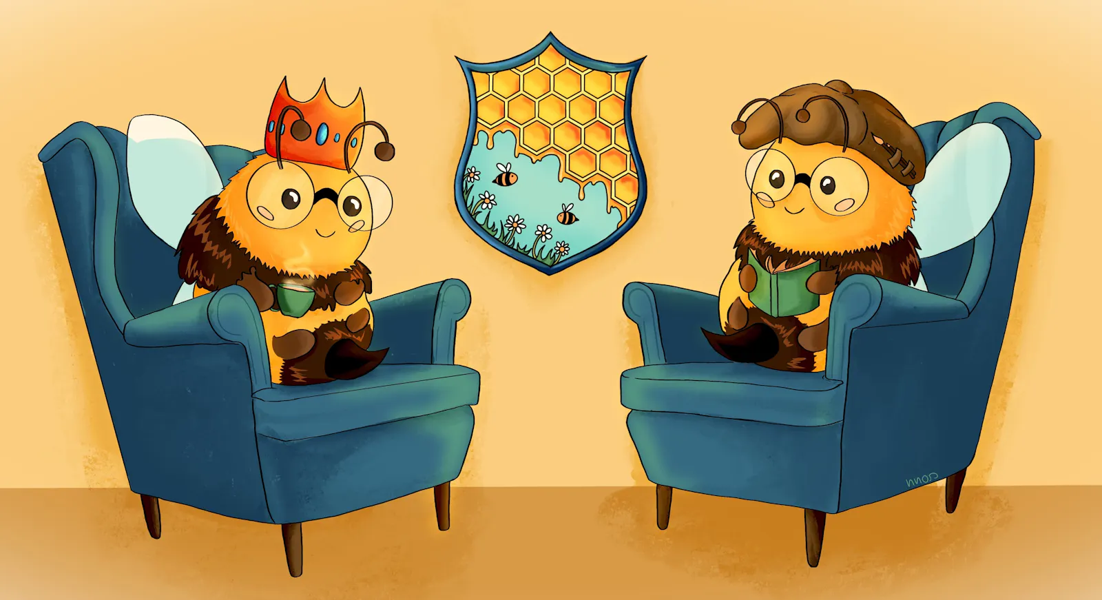 Eine Illustration: Zwei Bingo-Bienchen in Ohrensesseln sitzen sich gegenüber. Die Biene Links trägt eine Krone, sowie eine Brille. Zudem hält sie eine Tasse mit einem dampfenden Getränk in der Hand. Die rechte Biene hat einen Hut auf und hält ein grüne Buch in der Hand.
Zwischen den Beiden, an der Wand, hängt ein Wappen mit einem Wabenförmigen Muster und Honigbienchen, die um Blüten herumfliegen.
