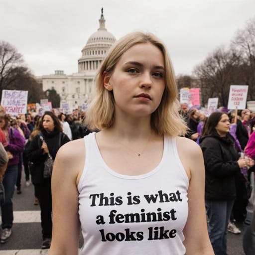 KI-generiertes Bild von junger Frau mit Feminist-Tanktop in Washington DC.