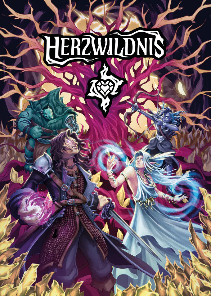 Das Cover-Artwork. Vor einem Herzbaum harren ein menschlicher Bann-Charakter, ein Sylphari-Segen, eine Tutel-Wacht und ein Grimm der Axoleutl einer drohenden Gefahr.