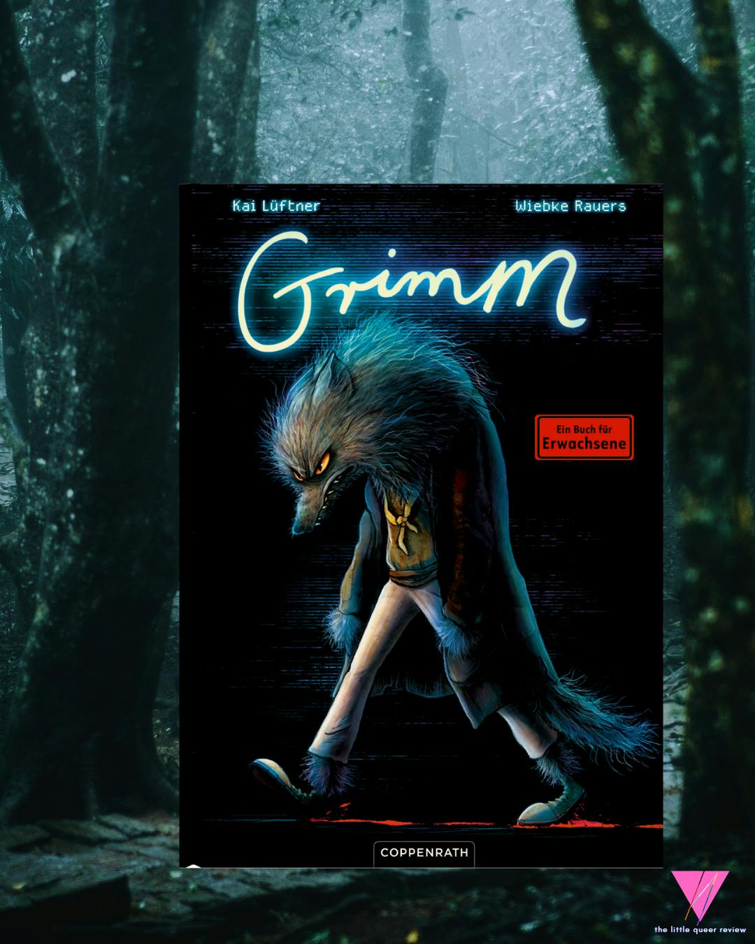 Das Buchcover von Grimm auf einem Hintergrundbild, das einen dunklen Wald zeigt. Klick auf das Bild führt zum Instagram-Post.