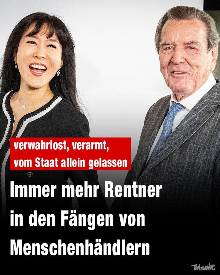 Gerhard Schröder und So-yeon Schröder-Kim bei einer Veranstaltung, dazu der Text: "Verwahrlost, verarmt, vom Staat allein gelassen: Immer mehr Rentner in den Fängen von Menschenhändlern."