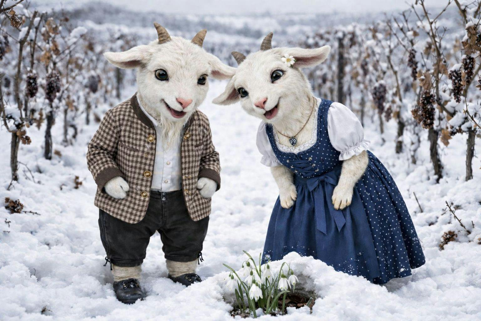 Bild zweier Ziegen in Trachtenkleidung, die in einem verschneiten Weingarten Schneeglöckchen bewundern.