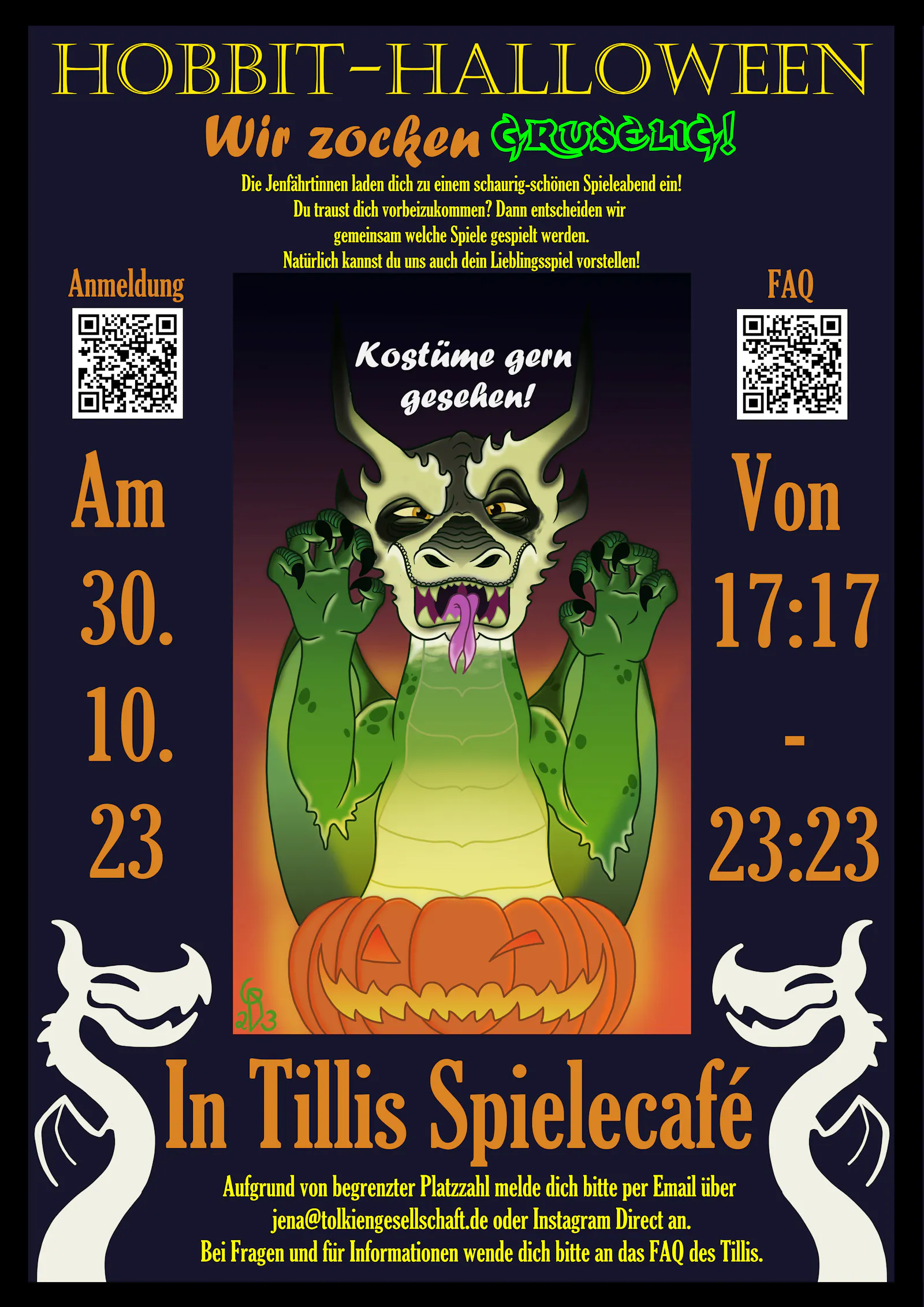 Poster for the Tolkien Regulars’ table at Jena’s Hobbit Halloween event at Oct 30, 2023, drawn by gwyndor_, depicting a dragon going hungrily for a pumpkin