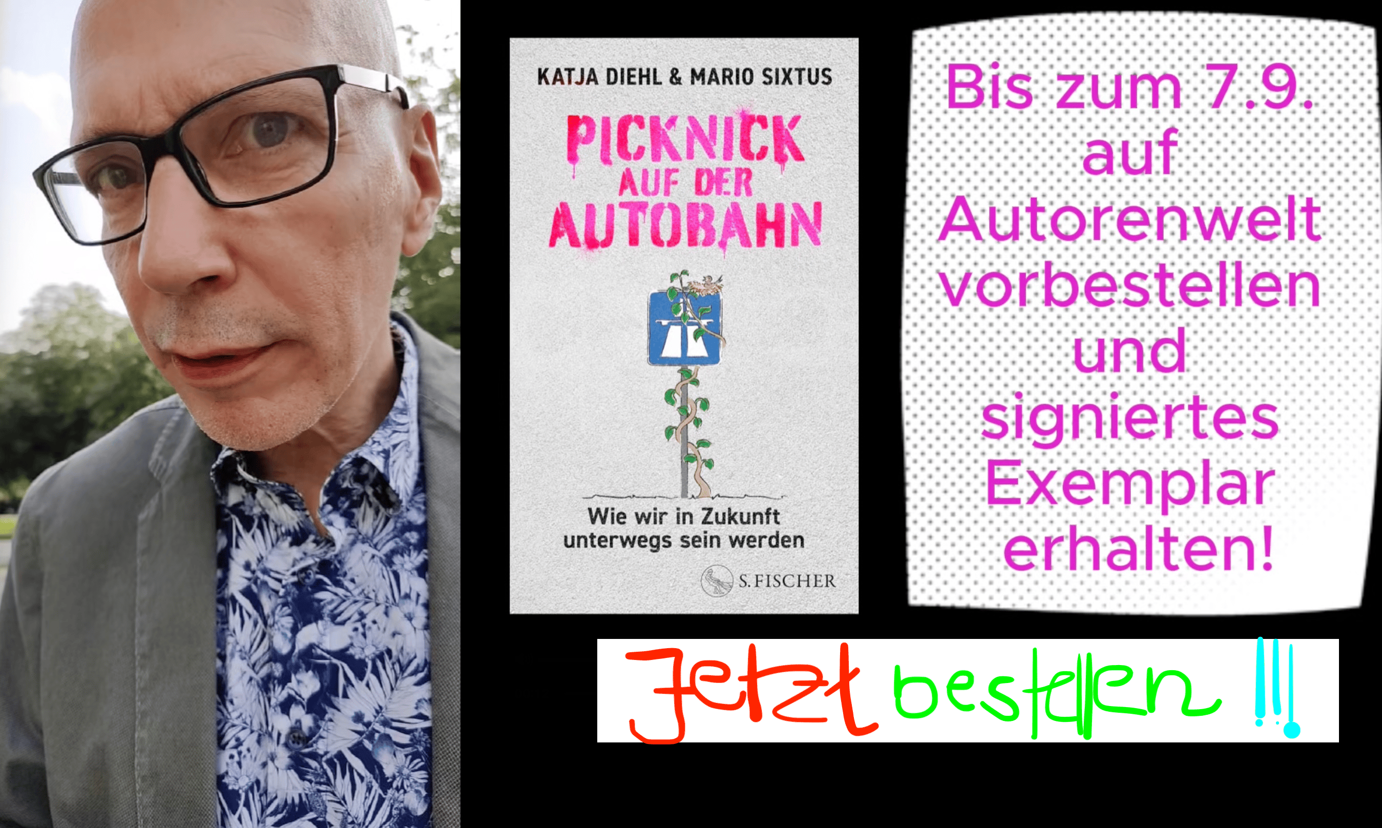 Du siehst Mario, wie er skeptisch schaut, das Cover unseres Buches und den Hinweis, dass es nur noch heute signiert vorbestellt werden kann.