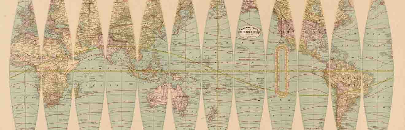 Rand McNally & Co.'s neuer zwölf Zoll großer Erdglobus (1887). Relief in Schraffuren dargestellt.