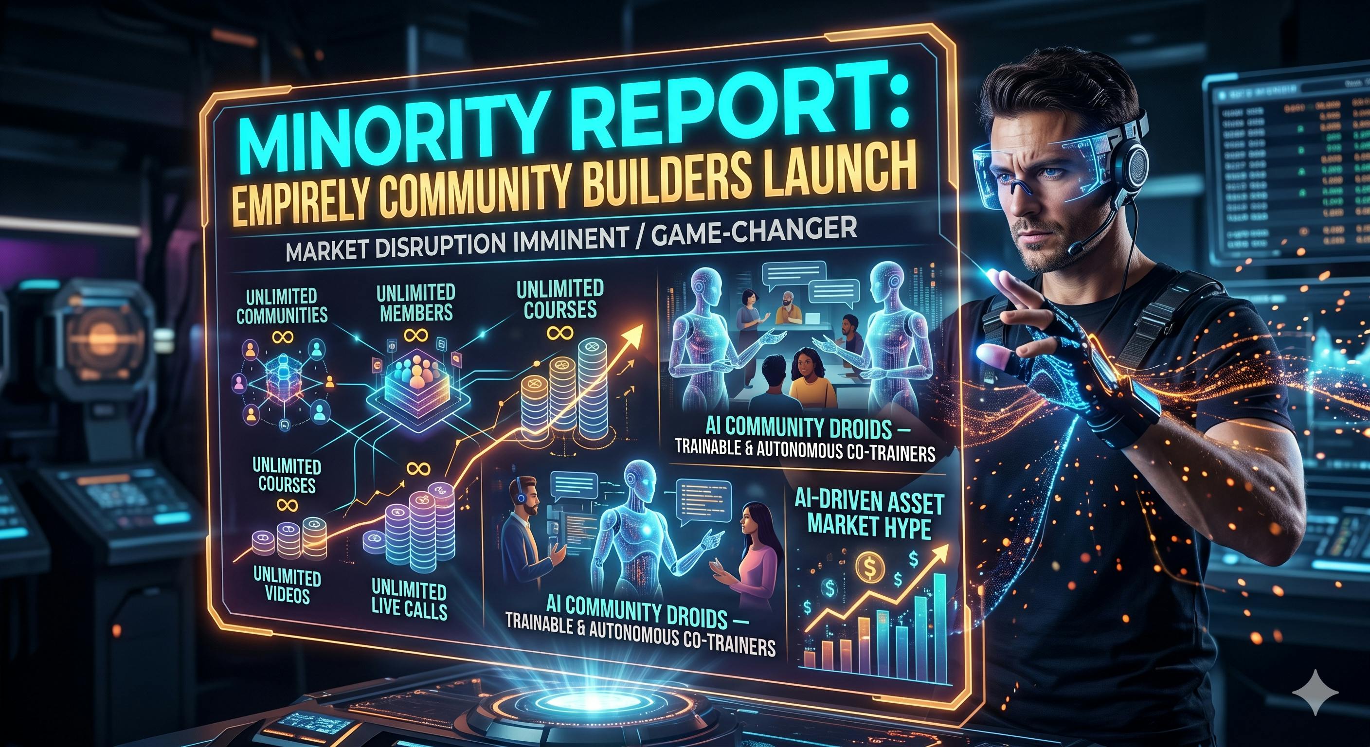 Werbestarke, futuristische Visualisierung des Empirely Community Builder Launches im Stil eines Minority Reports. Ein Mann bedient ein riesiges holografisches Interface, das 'unendliche Communities', 'unendliche Mitglieder', 'unendliche Kurse', 'unendliche Videos' und 'unendliche Live-Anrufe' hervorhebt. Im Zentrum stehen die 'trainierbaren und autonomen AI Community Droids' als Co-Trainer, die den 'AI-Driven Asset Market Hype' nutzen. Die Botschaft ist klar: Dieser Launch ist ein 'Game-Changer' und eine 'Marktstörung'.