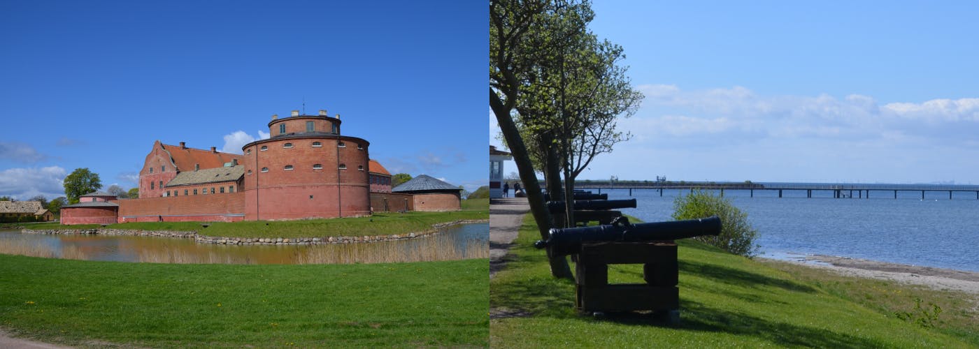 links: Festung mit Wassergraben, rechts: am Ufer platzierte Kanonen