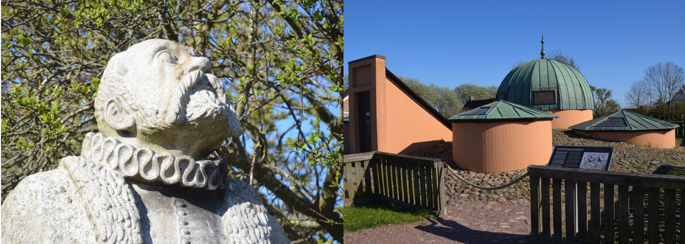 Links: Kopf einer Statue, die in den HImmel blickt, rechts: Niedrige runde Kuppeln