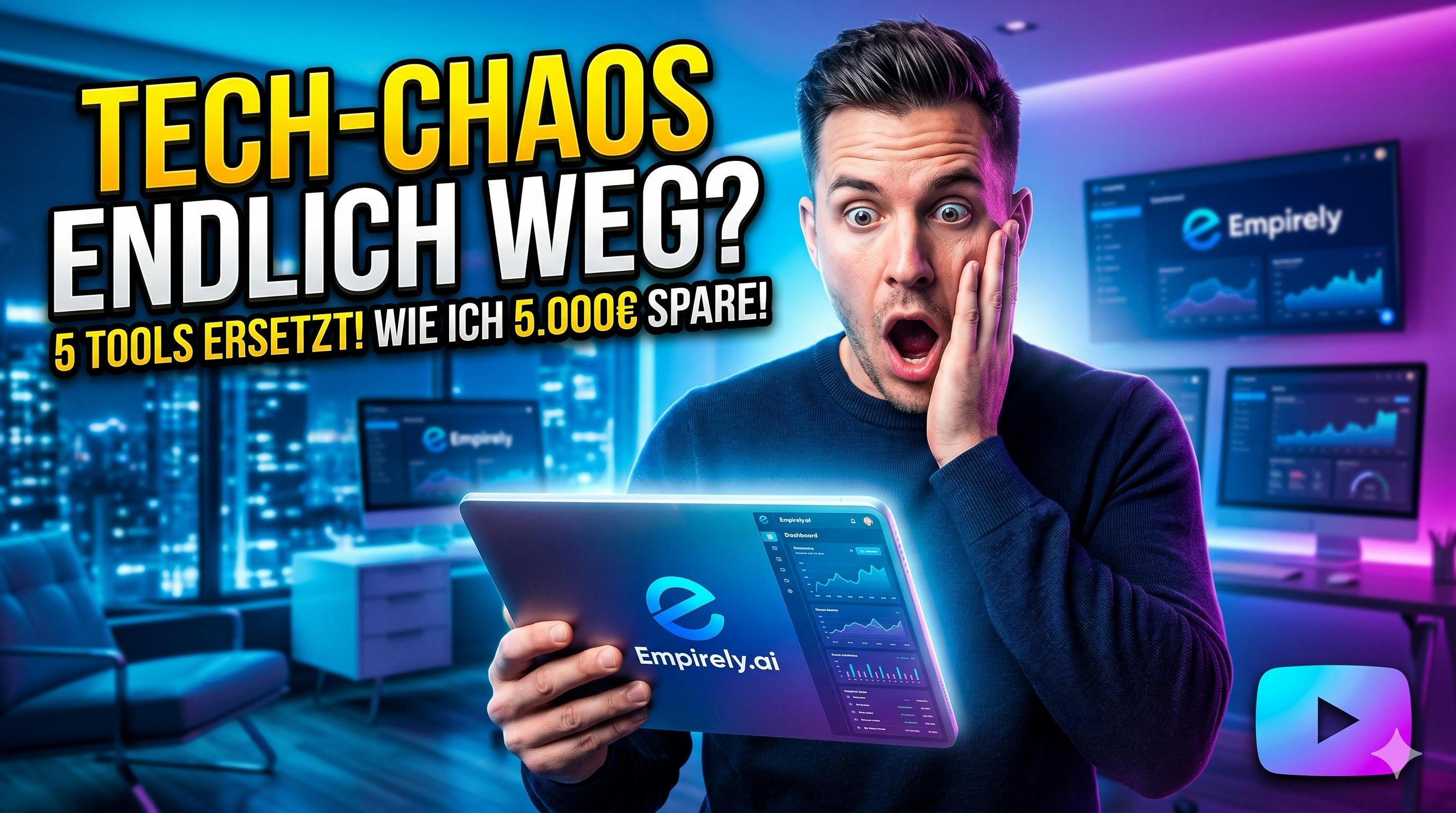 Ein geschockter junger Mann in einem modernen Büro bei Nacht hält ein leuchtendes Tablet, das das Empirely.ai Dashboard zeigt, was das Ende des Tech-Chaos und eine jährliche Ersparnis von 5.000€ symbolisiert. Cinematic YouTube-Thumbnail-Stil.