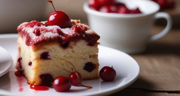 Stückchen Kirschkuchen auf weißem Teller