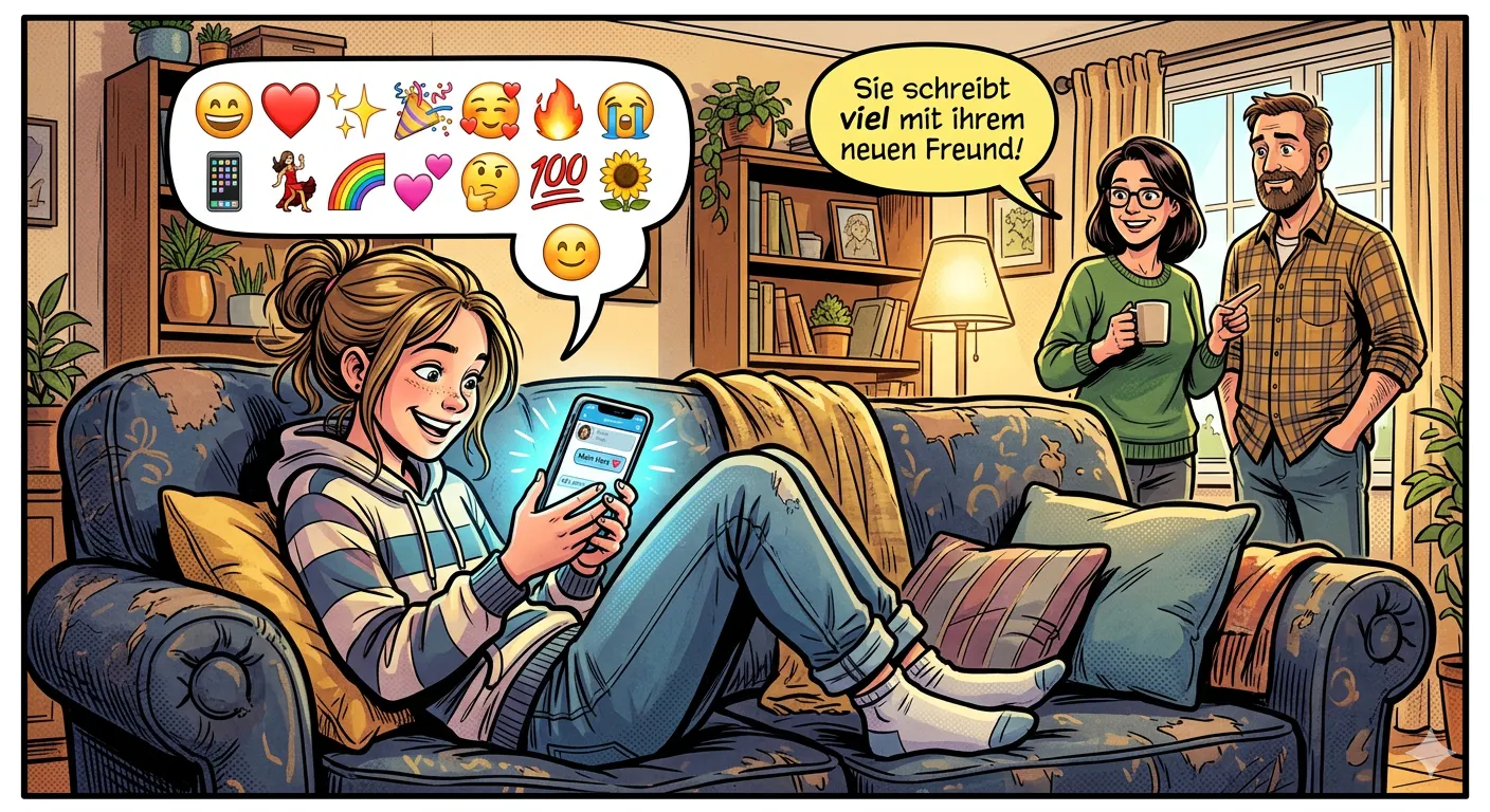 Ein Teenager mit Smartphone und vielen Emojis.