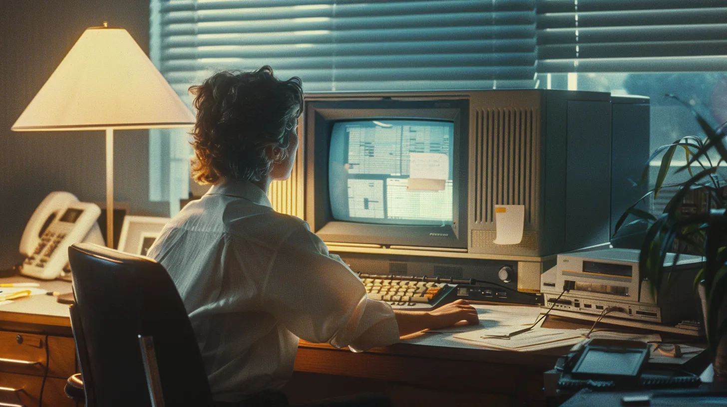 Eine Person sitzt an einem großen Computer, Stil 80er Jahre