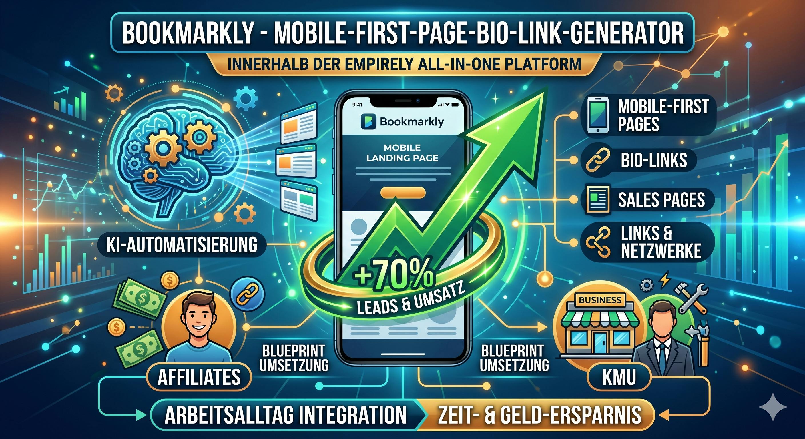 Infografik zum Bookmarkly Mobile-First-Page-Bio-Link-Generator in der Empirely-Plattform. Ein Smartphone mit einem grünen Pfeil zeigt +70% Leads und Umsatz. Visuelle Darstellung von KI-Automatisierung, Mobile-First Pages und der Blueprint-Umsetzung für Affiliates und KMU zur Zeit- und Geldersparnis.