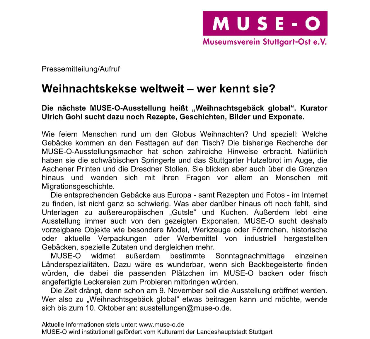 Pressemitteilung des Museumsvereins Stuttgart-Ost e.V. mit einem Suchaufruf zum Thema Weihnachtsgebäck international.