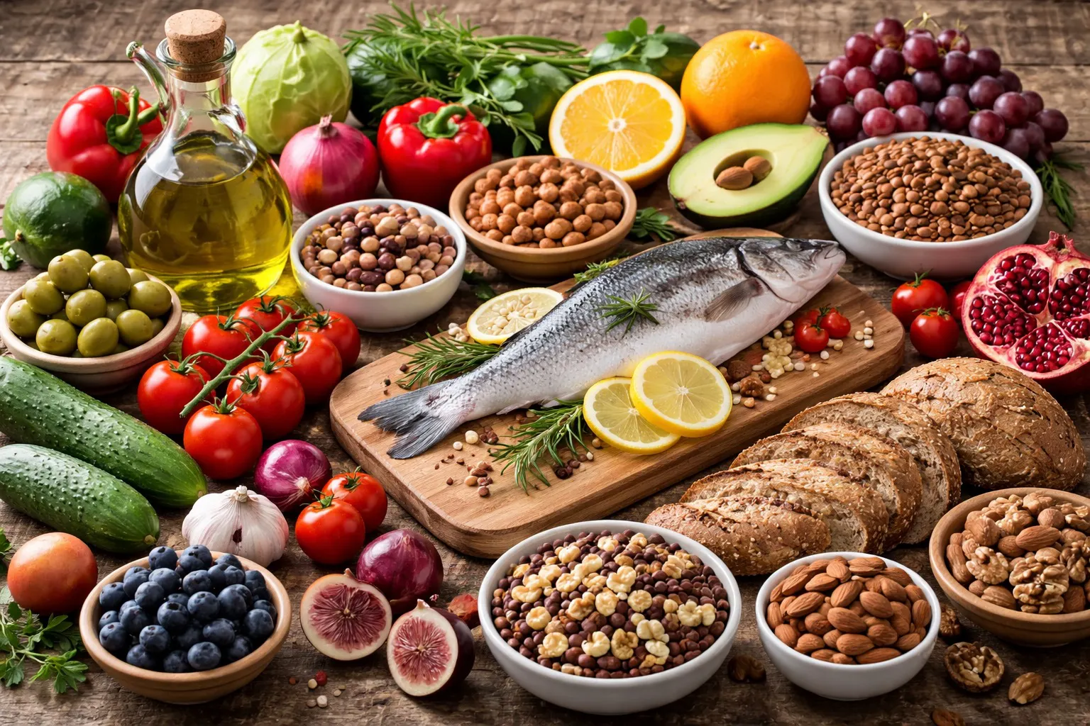 Obst, Gemüse, ein Fisch auf einem Holzbrett, Nüsse und Hülsenfrüchte in Schalen.