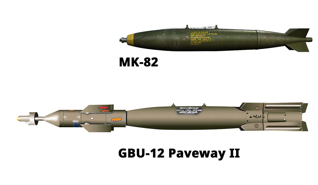 Gegenüberstellung der Mk-82 Bombe und der Paveway mit der Bombe im Kern.