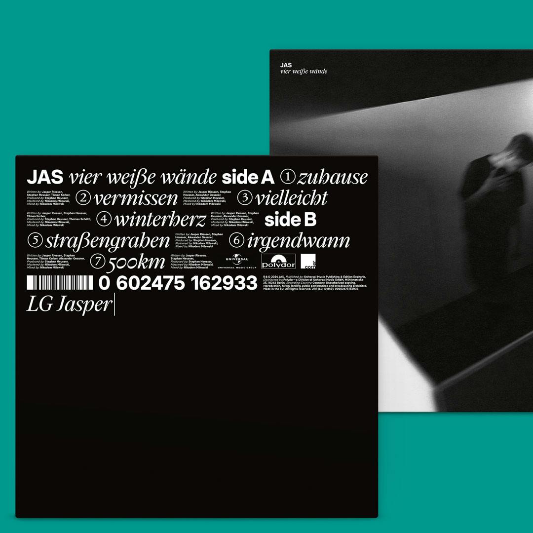 Vinyl record cover with track list in German and blurred black-and-white photo of a person leaning against a wall