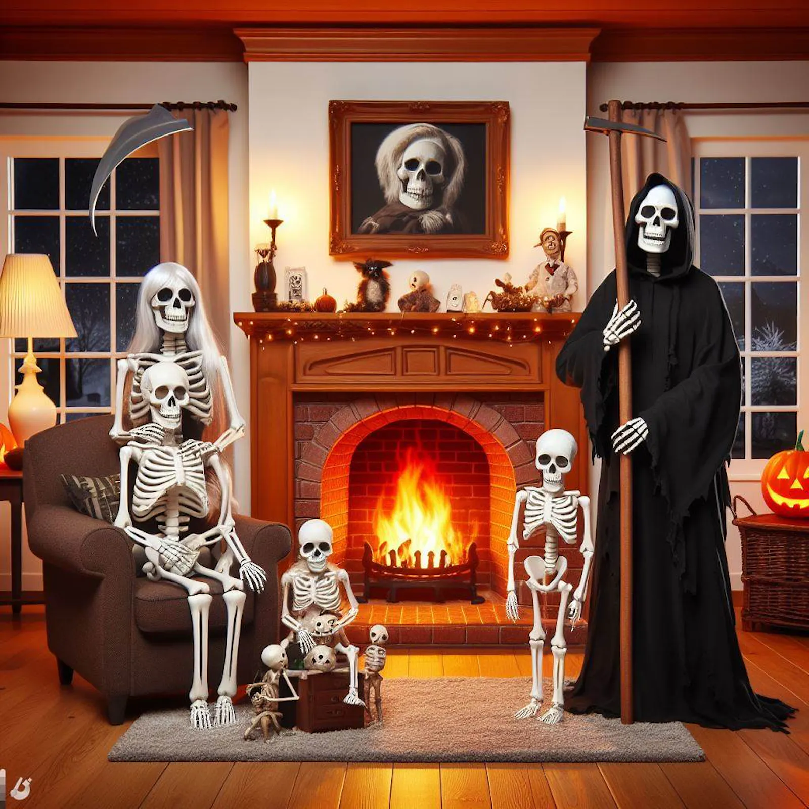 An image that show the grim reaper and five family skeletons standing in front of an open fire place.