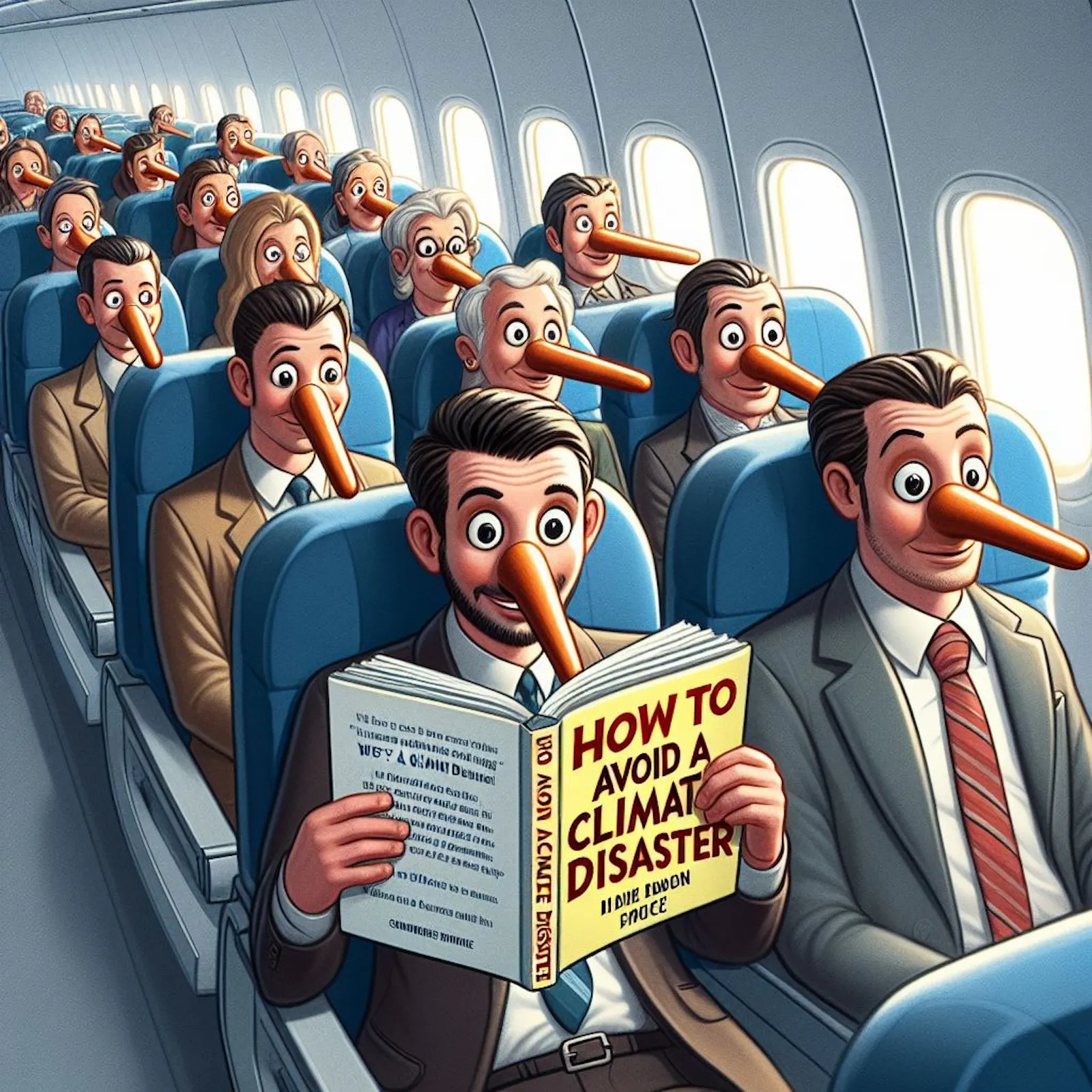 A text generated image depicting people travelling on a passenger jet aircraft. There is a conflict of interests between wanting to reduce air pollution and travelling on polluting jet aircraft. That's why the people that travel on jet aircraft and or work in the industry are typically air pollution and climate change apologists