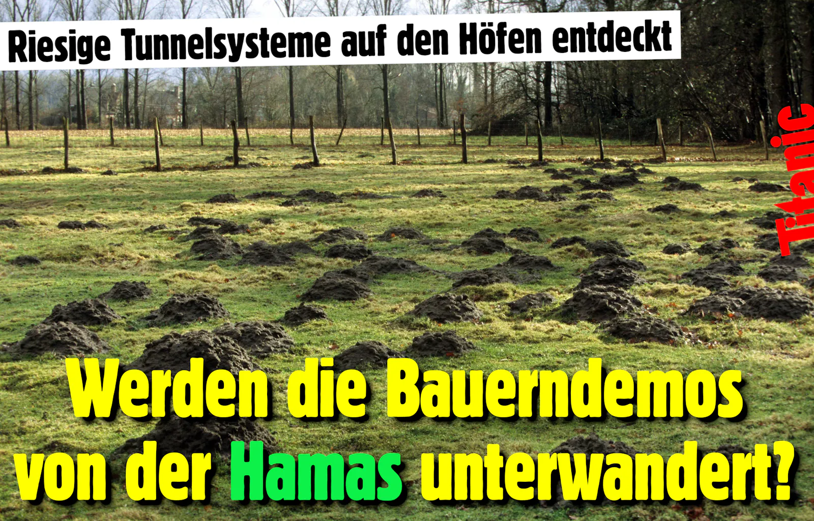Auf einer Wiese sind zahlreiche Maulwurfshügel zu sehen, dazu der Text: »Riesige Tunnelsysteme auf den Höfen entdeckt: Werden die Bauerndemos von der Hamas unterwandert?«