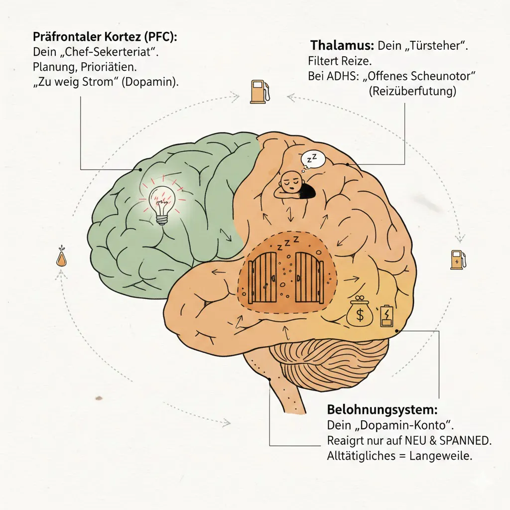 Die Grafik zeigt die verschiedenen Gehirnareale im Kontext von ADHS