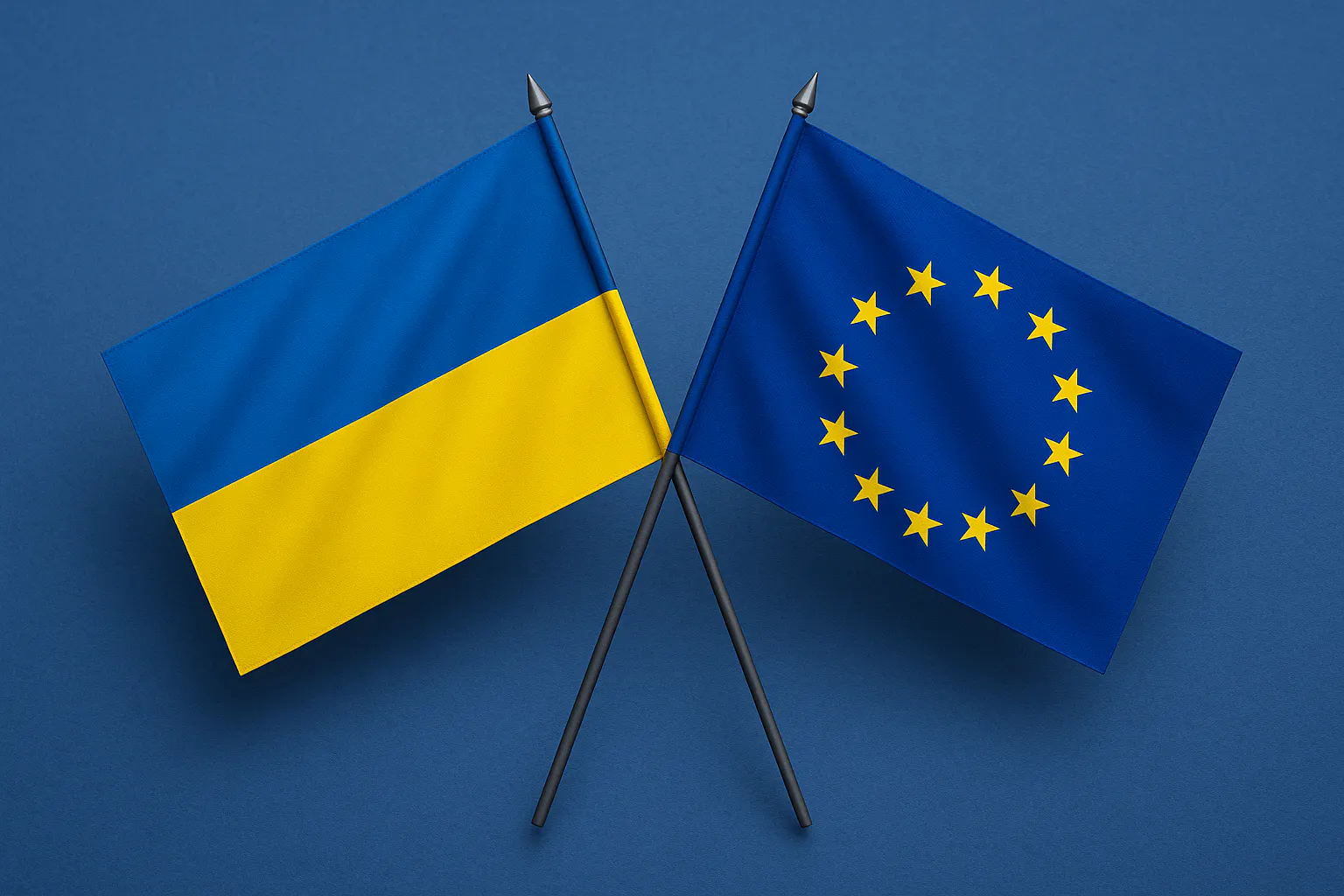 KI-generiertes Symbolbild: Eine Ukraineflagge gekreuzt mit einer EU-Flagge