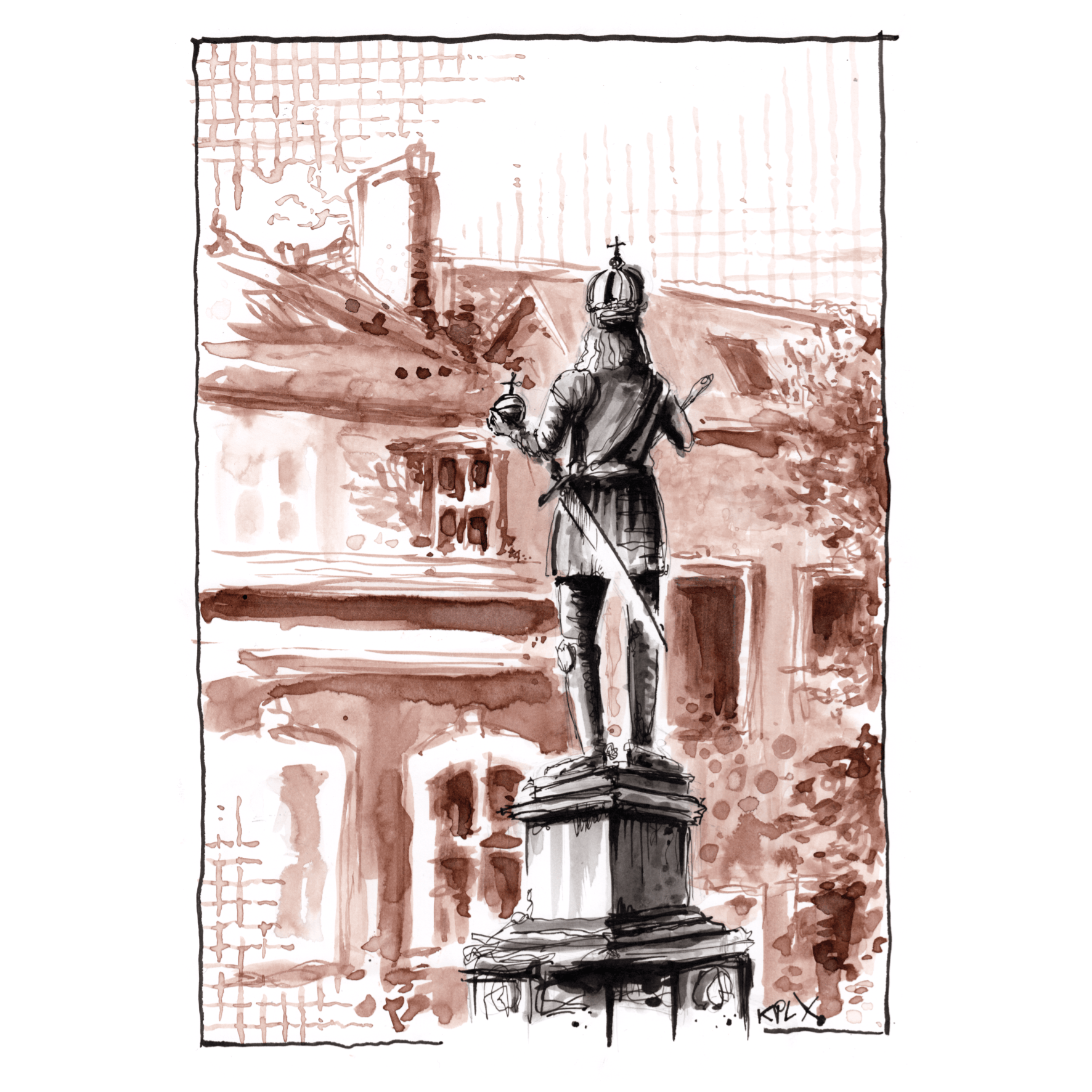 Urban Sketch, Karlsbrunnen Aachen, Ink Black and Sepia on A4