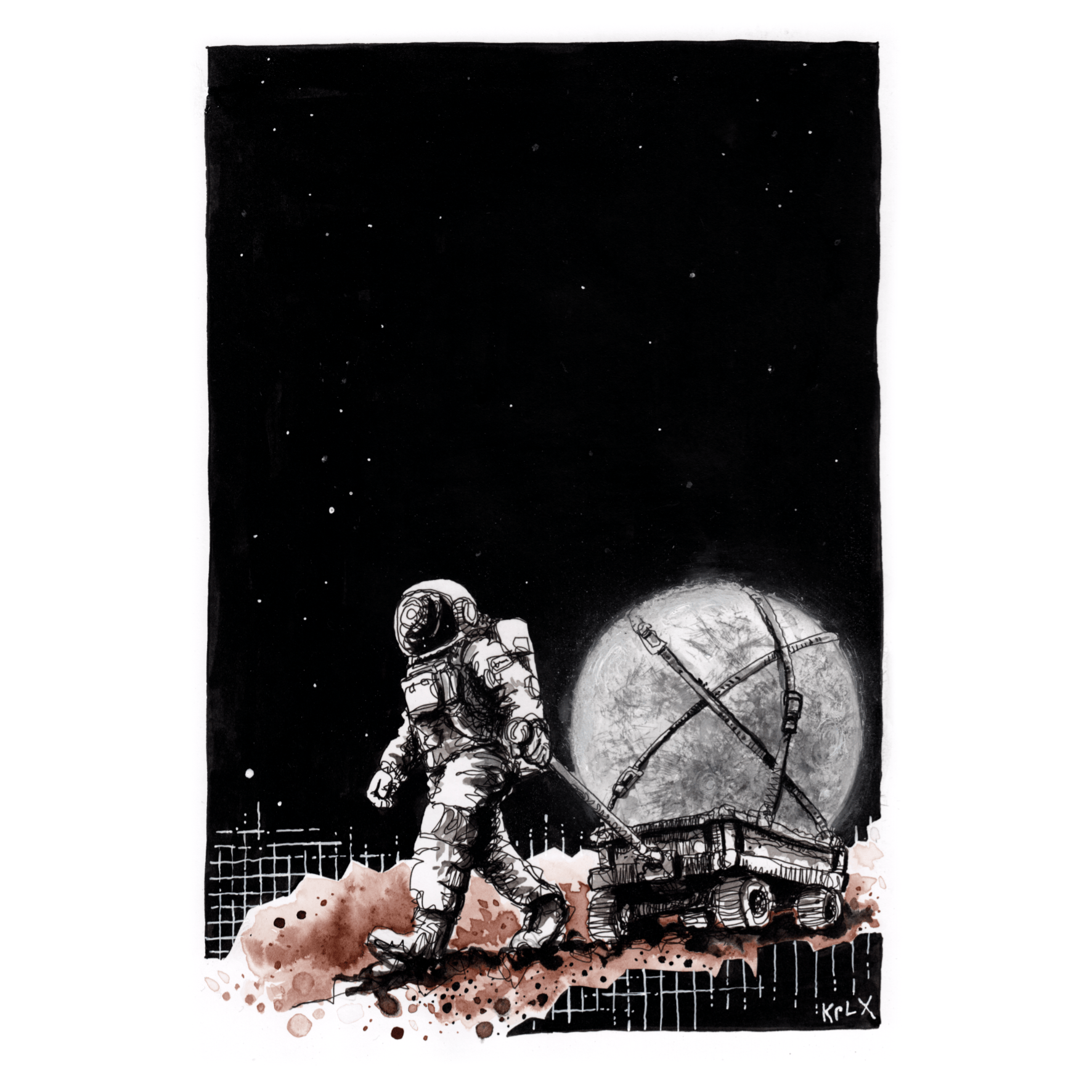 DE:
A4-Tuschezeichnung in Schwarz und Sepia: Vor einem tiefschwarzen Sternenhimmel zieht ein Astronaut einen großen Mond auf einem kleinen Wagen hinter sich her. Der Boden ist mit sepiafarbenen Sprenkeln angedeutet, während der leuchtende Mond und die klaren Linien des Raumanzugs einen starken Kontrast zur dunklen Fläche bilden.

EN:
A4 ink drawing in black and sepia: Against a deep black starry sky, an astronaut pulls a large moon behind them on a small cart. The ground is suggested with sepia splashes, while the glowing moon and the clear lines of the spacesuit create a strong contrast against the dark background.