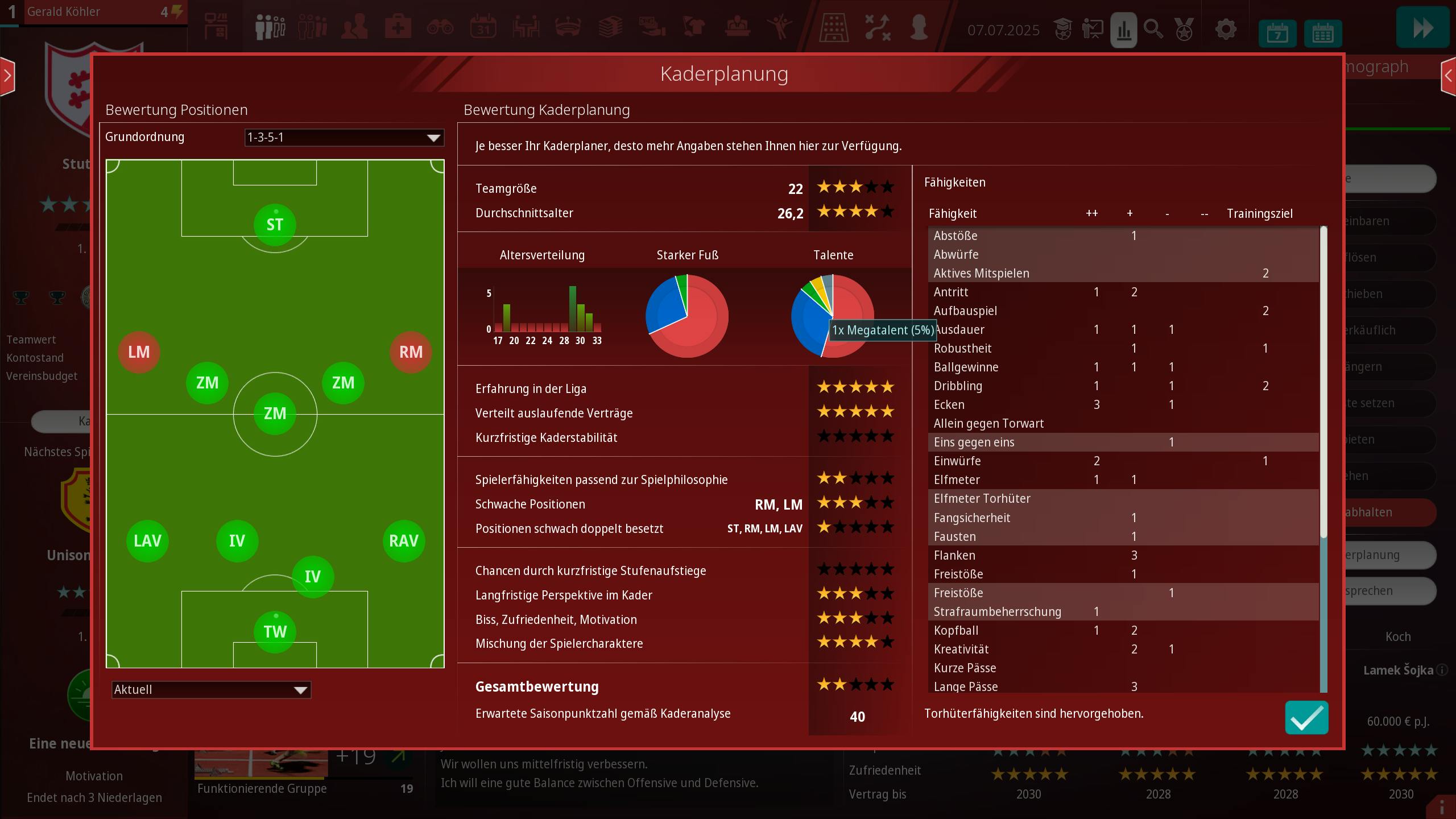 Die Kaderplanung zeigt jetzt auch die Altersverteilung und die Talentverteilung. Außerdem wird eine Liste der Spielerfähigkeiten ausgegeben.