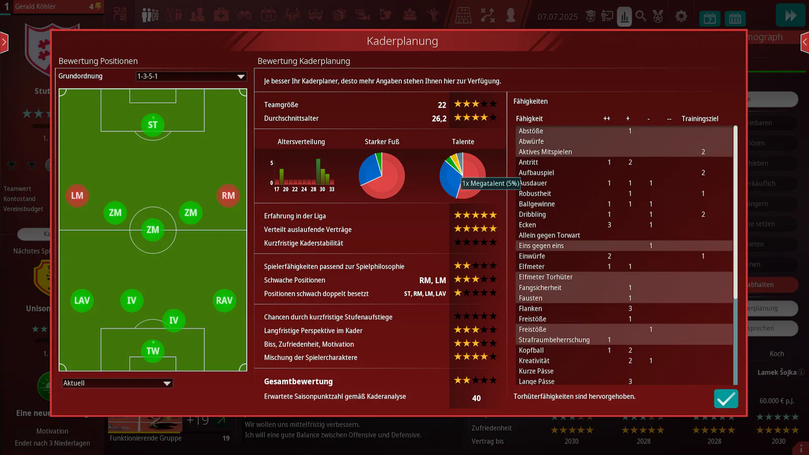 Die Kaderplanung zeigt jetzt auch die Altersverteilung und die Talentverteilung. Außerdem wird eine Liste der Spielerfähigkeiten ausgegeben.