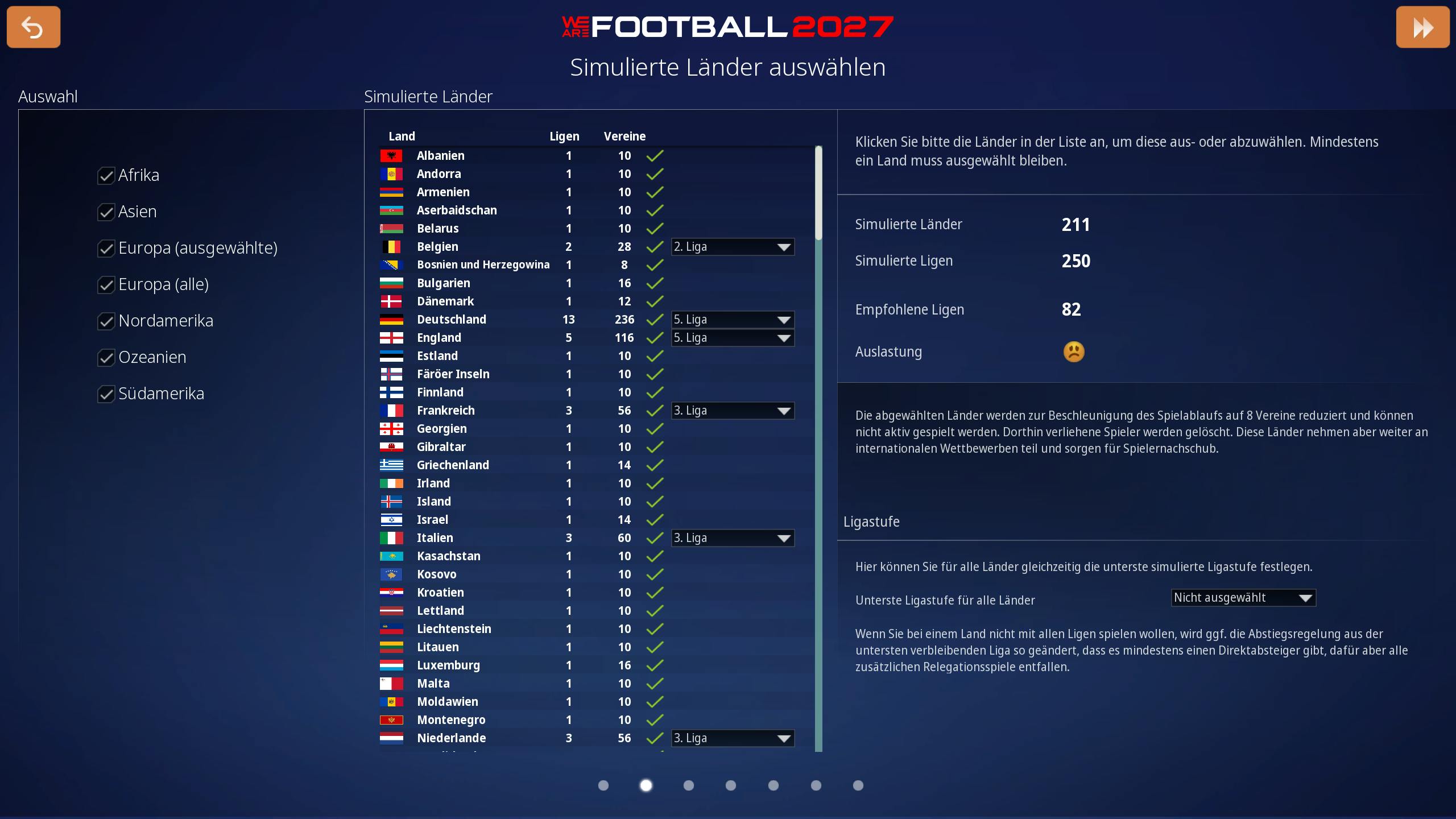 Man sieht die Länderliste und die neue Option, die tiefste simulierte Liga pro Land individuell auszuwählen.