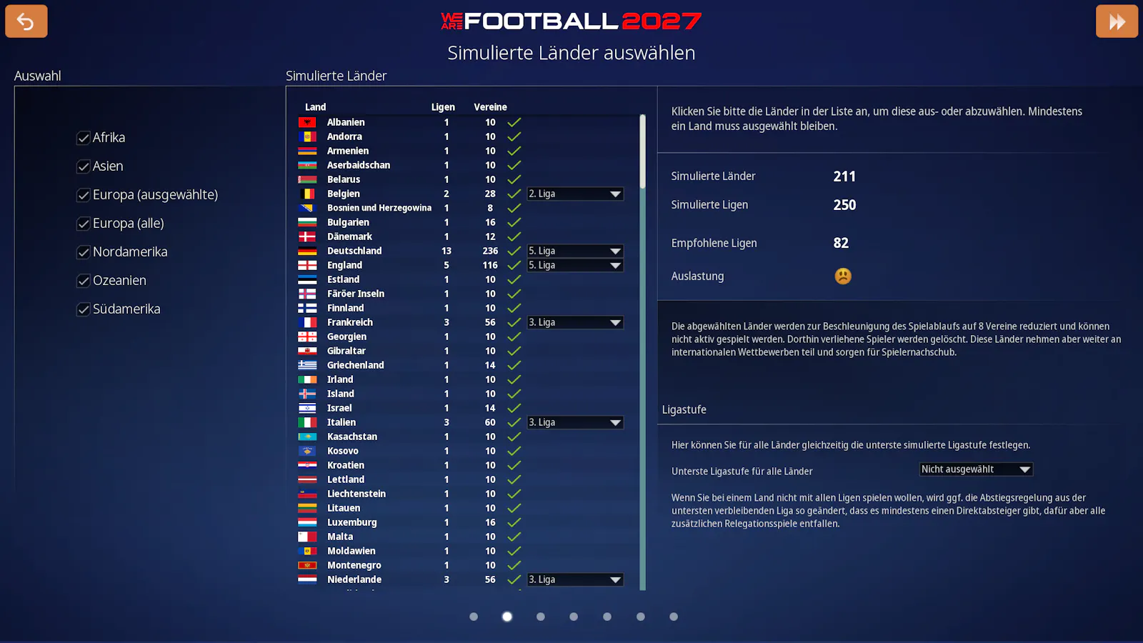 Man sieht die Länderliste und die neue Option, die tiefste simulierte Liga pro Land individuell auszuwählen.