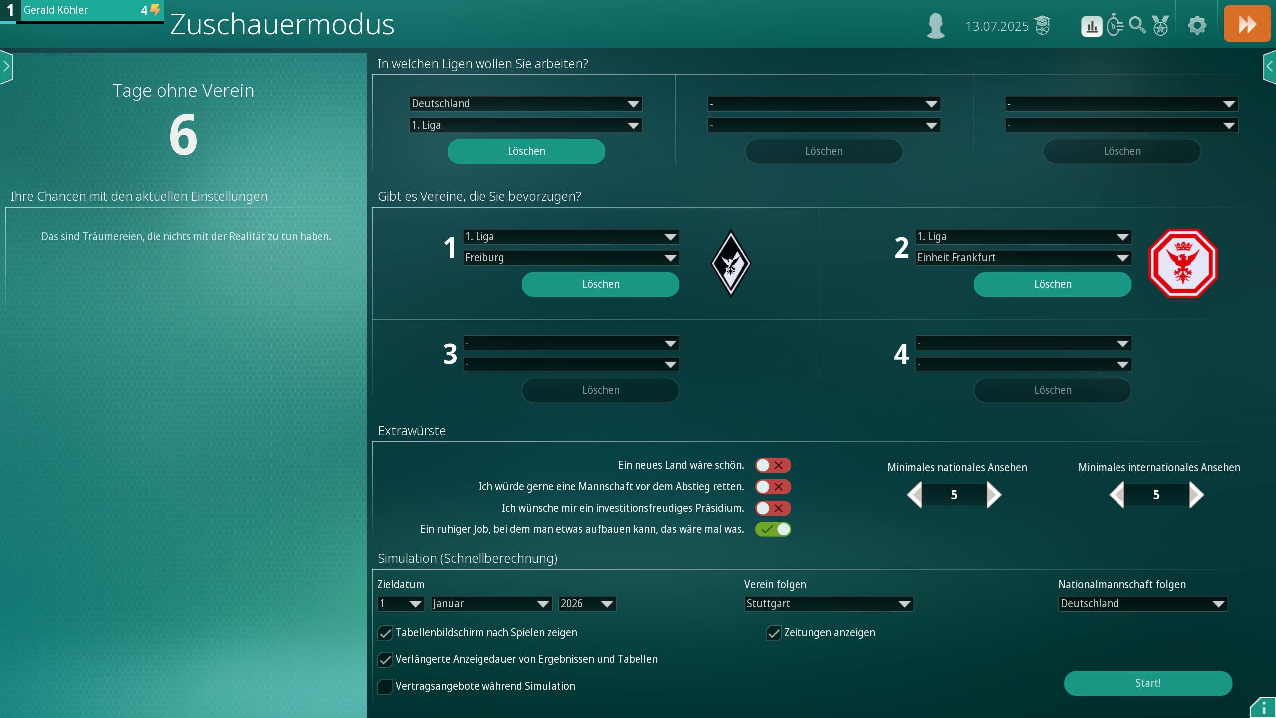 Hier sieht man die neuen Optionen im Zuschauermodus oder bei Arbeitslosigkeit. Man kann z.B. einem bestimmten Verein und zusätzlich einer Nationalmannschaft folgen.
