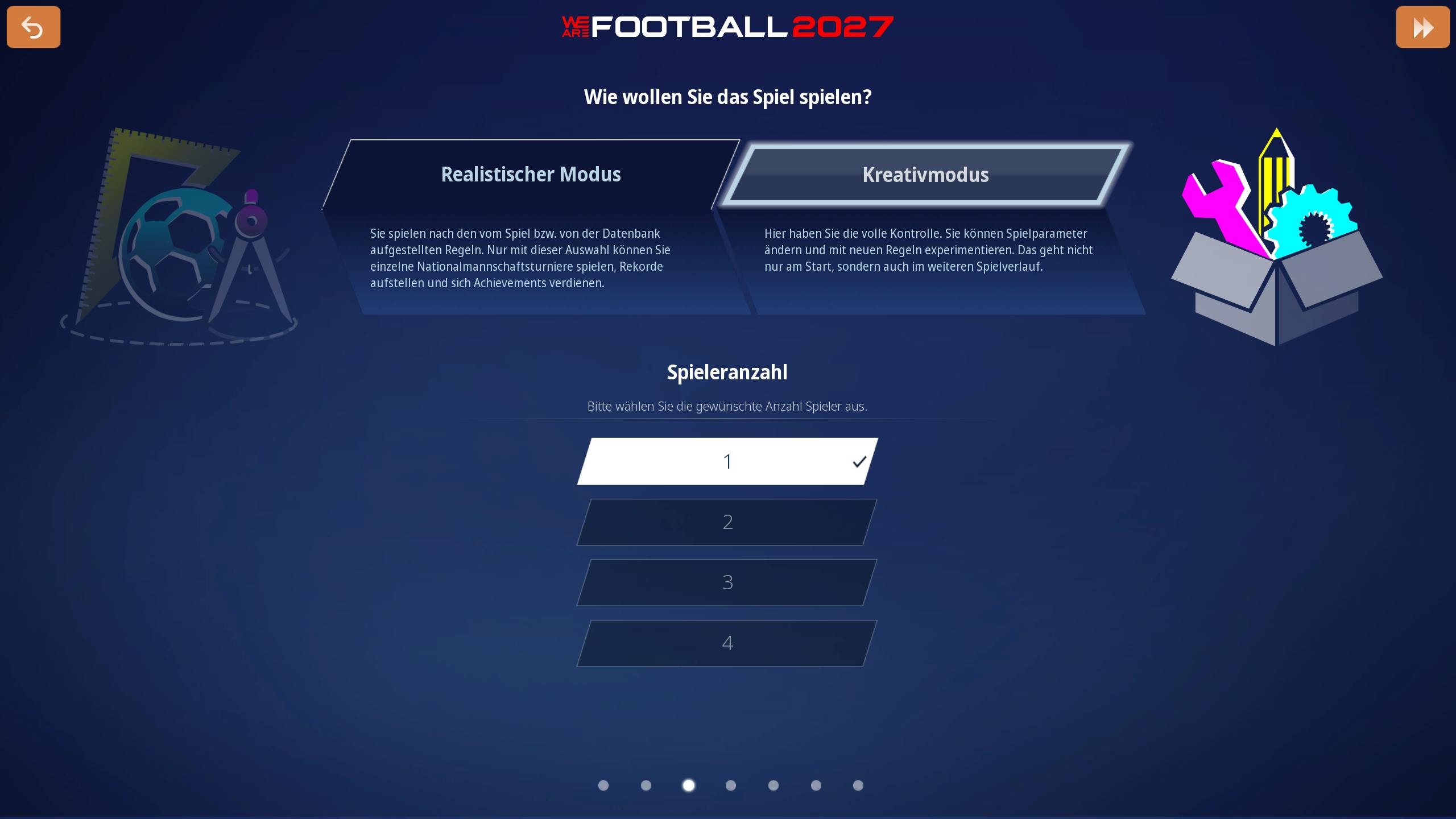 Am Beginn des Spiels kann zwischen dem realistischen Modus und dem neuen Kreativmodus gewählt werden.