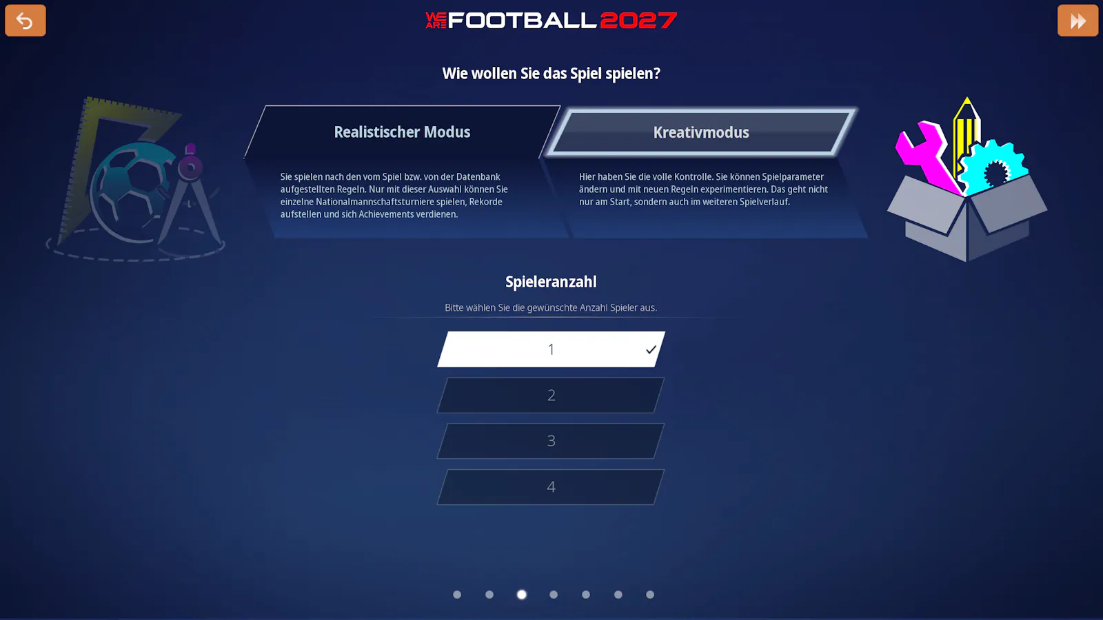 Am Beginn des Spiels kann zwischen dem realistischen Modus und dem neuen Kreativmodus gewählt werden.