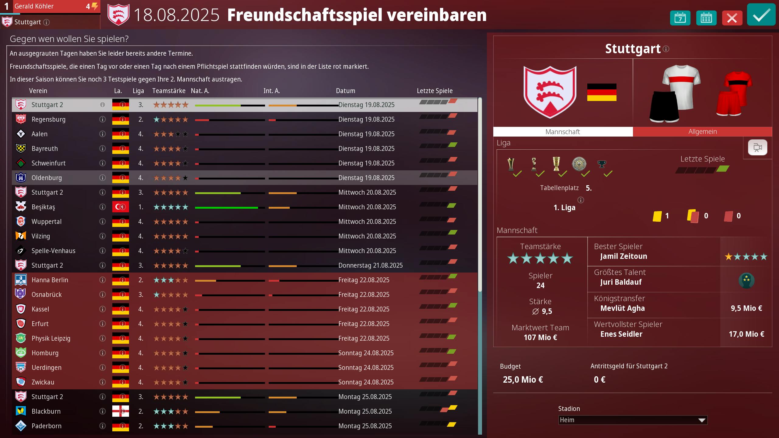 Testspiele können jetzt auch gegen die 2. Mannschaft ausgetragen werden.