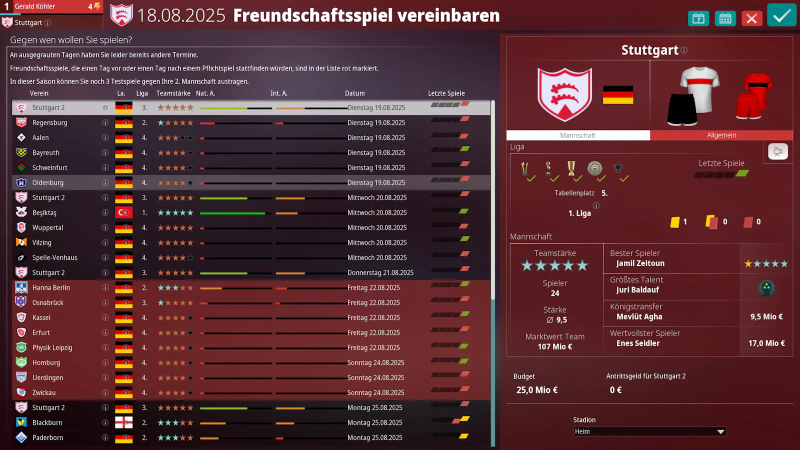 Testspiele können jetzt auch gegen die 2. Mannschaft ausgetragen werden.