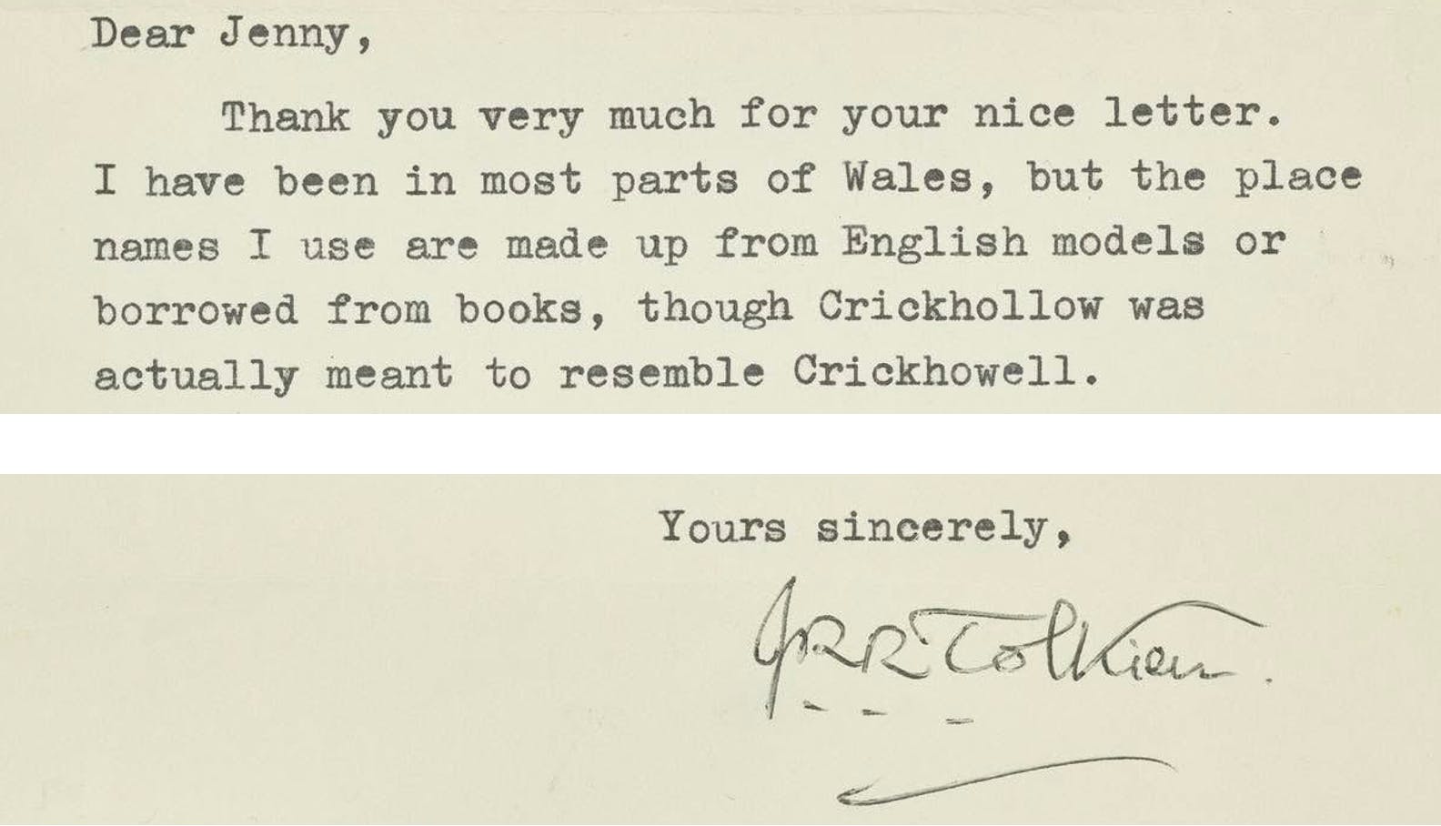 Detail from a letter from J.R.R. Tolkien to Jenny Hall, 28 February 1966 (photo: Christie's)