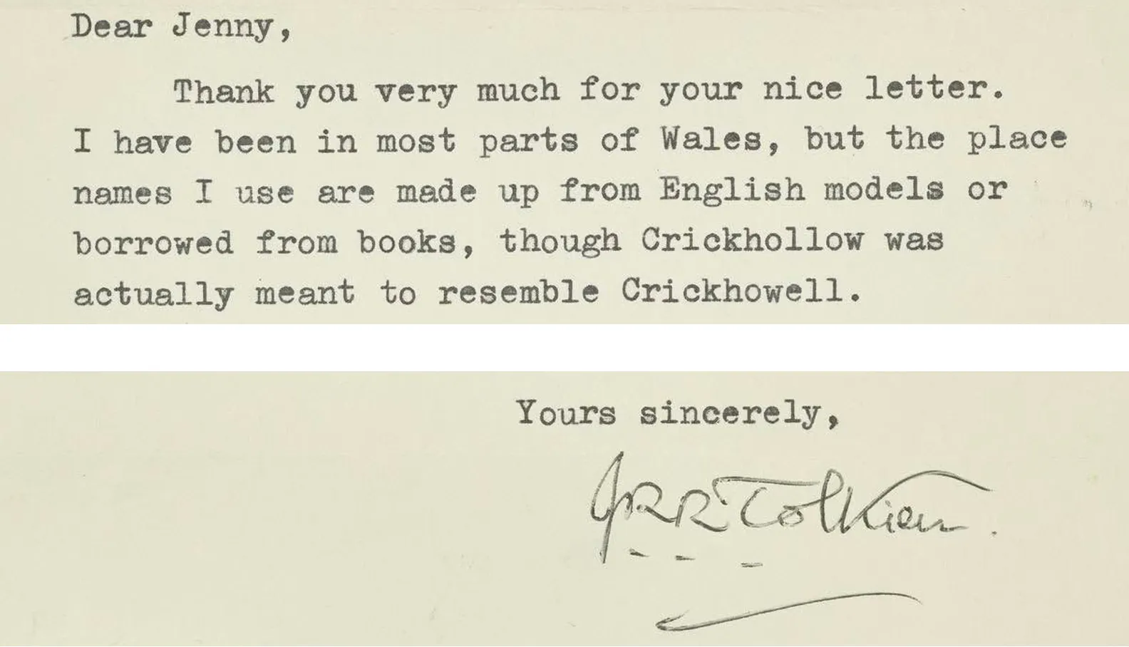Detail from a letter from J.R.R. Tolkien to Jenny Hall, 28 February 1966 (photo: Christie's)