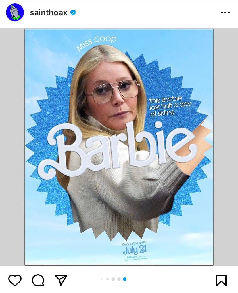 Gwyneth Paltrow während des Gerichtsprozesses, aber im Barbie-Template.
