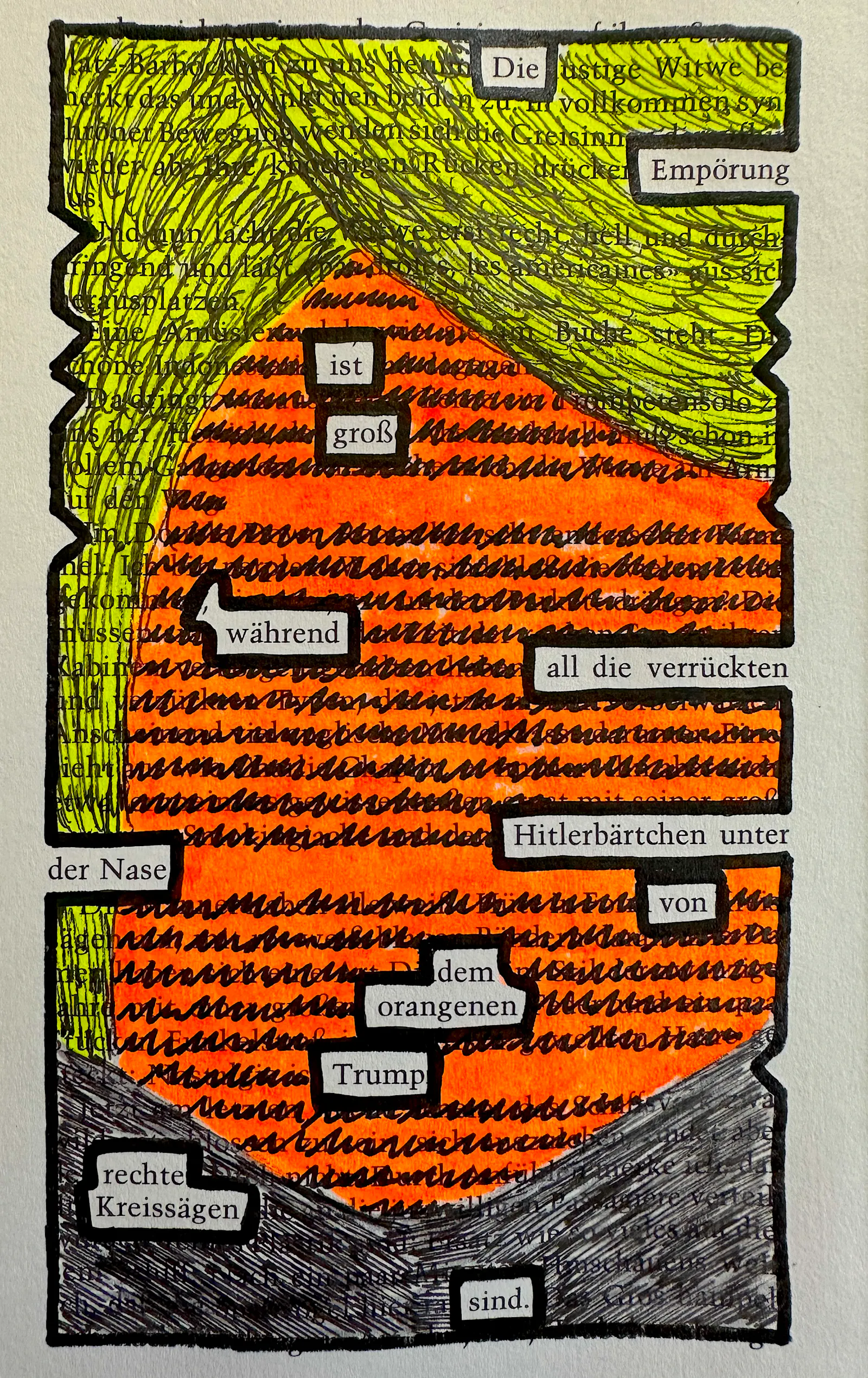 Textverdunkelung: Die Empörung ist groß, während all die verrückten Hitlerbärtchen unter der Nase von dem orangenen Trump rechte Kreissägen sind.