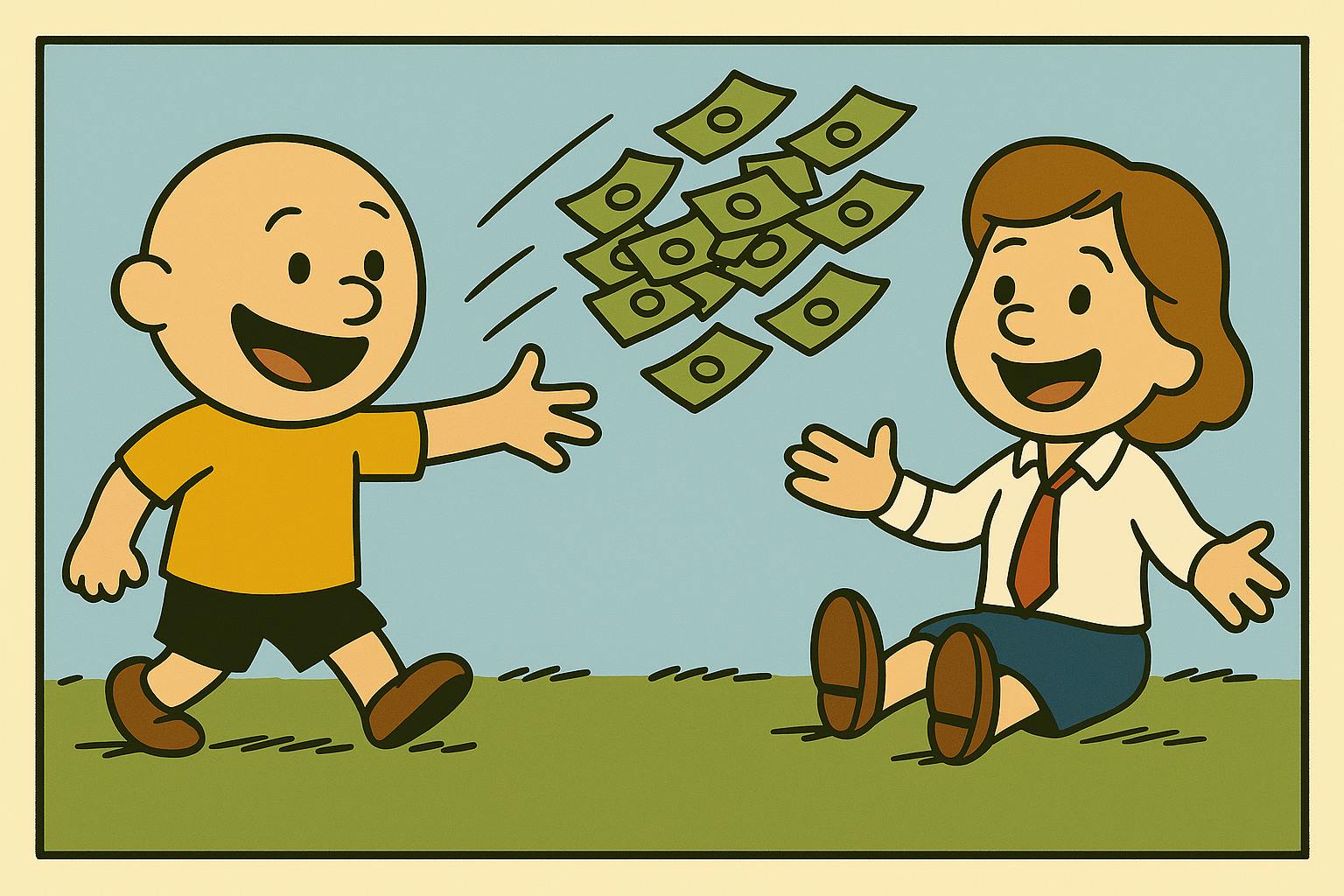 Comic-Illustration: Links steht eine lachende, glatzköpfige Figur im gelben Shirt und wirft Geldscheine. Rechts sitzt eine Frau mit braunen Haaren, weissem Hemd und roter Krawatte auf dem Gras und freut sich, während die Geldscheine zu ihr fliegen.