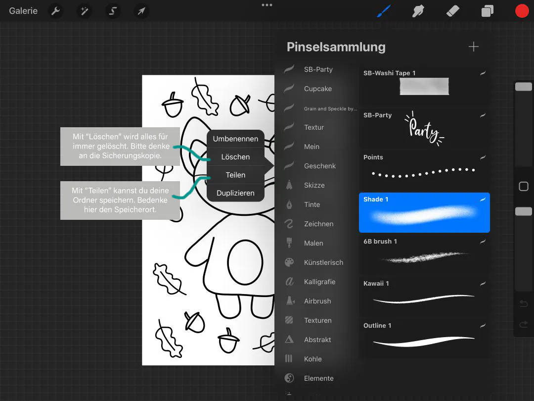 Pinselsammlung vorab sortieren. Erst mit Teilen die Pinsel speichern, denn nach dem Löschen sind diese für immer gelöscht.