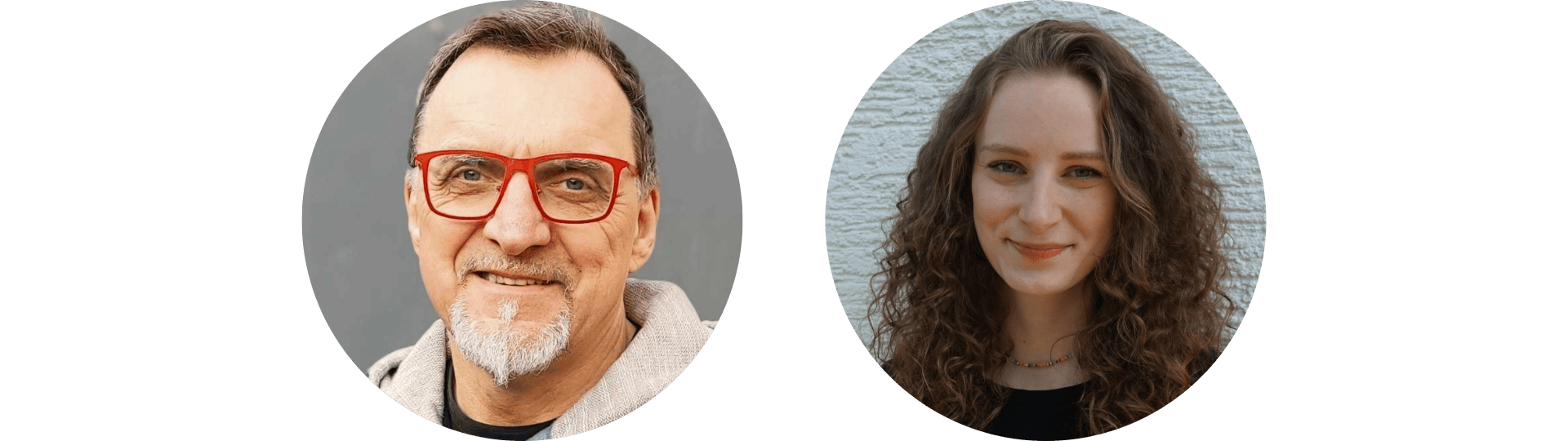 Zwei Porträt-Fotos zeigen Gerald Perschke und Leoni Bender. Gerald hat kurze braun-graue Haare und einen hellgrauen Bart, er trägt eine rote Brille. Leoni hat braune Locken und trägt eine bunte Kette.