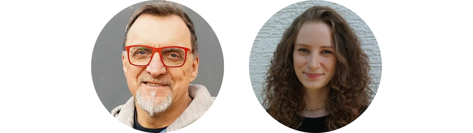 Zwei PortrÀt-Fotos zeigen Gerald Perschke und Leoni Bender. Gerald hat kurze braun-graue Haare und einen hellgrauen Bart, er trÀgt eine rote Brille. Leoni hat braune Locken und trÀgt eine bunte Kette.