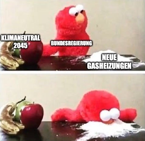 Auf dem Bild ist Elmo von der Sesamstraße zu sehen, der in einen Haufen an ungesundem Zucker "neue Gasheizungen" beißt, anstatt sich für gesundes Obst "Klimaneutral 2045" zu entscheiden. Elmo steht für die Bundesregierung.
