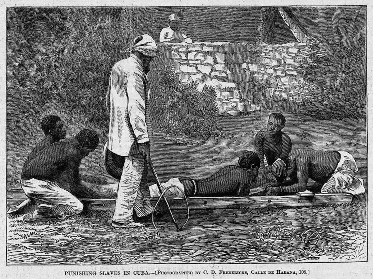 an illustration of a enslaved person being tortured using a ladder